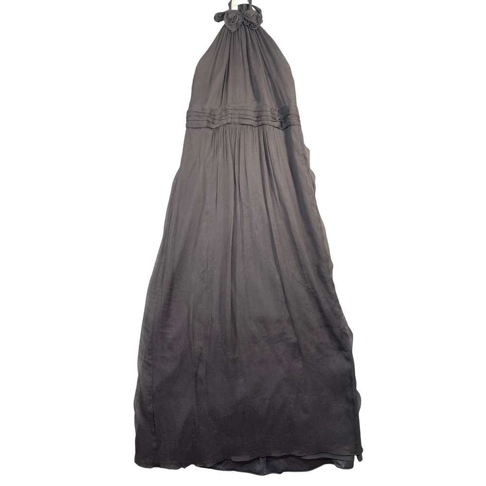 Amsale Gray Silk Halter Neck Gown Formal Dress‎ Maxi Rosette Sz 12**READ SIZE